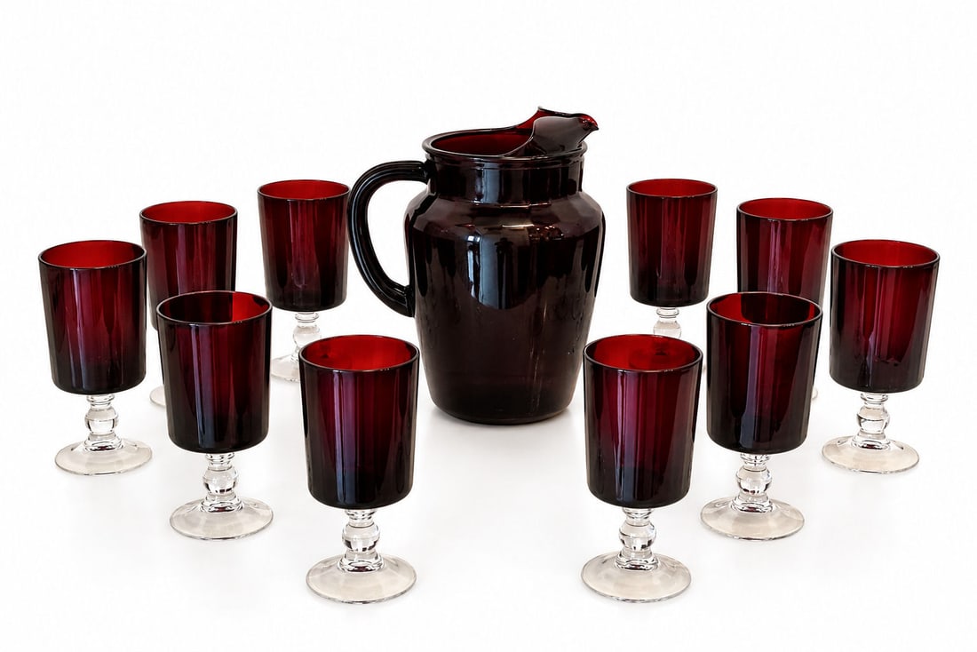 Ruby Red Glass Pitcher with Eight Matching Goblets (1 of 4)
