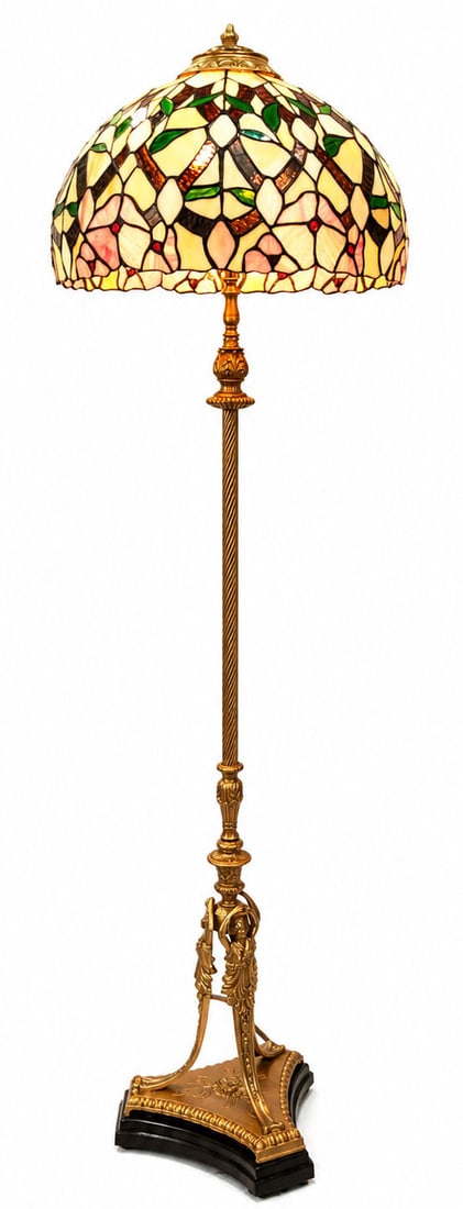 Neoclassical Style Gilt Bronze Floor Lamp with Figural Base and Fringed Shade (1 of 4)