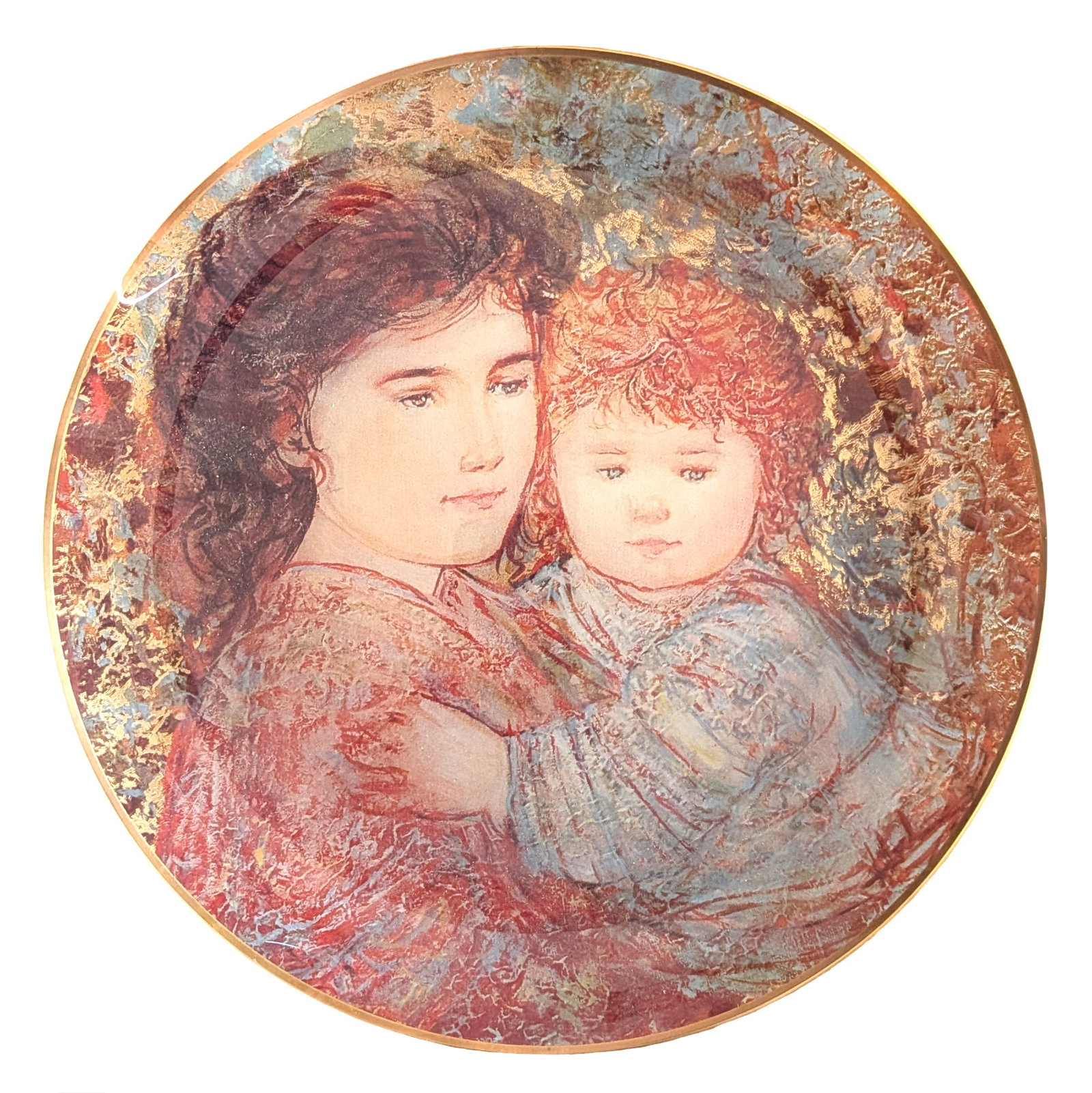 Decorative Mother and Child Portrait Cabinet Plate, Printed Transfer Decoration: Decorative cabinet plate featuring a mother and child portrait after a classical artwork. The circular plate is decorated with a printed transfer image enhanced with textured finishes and metallic gol