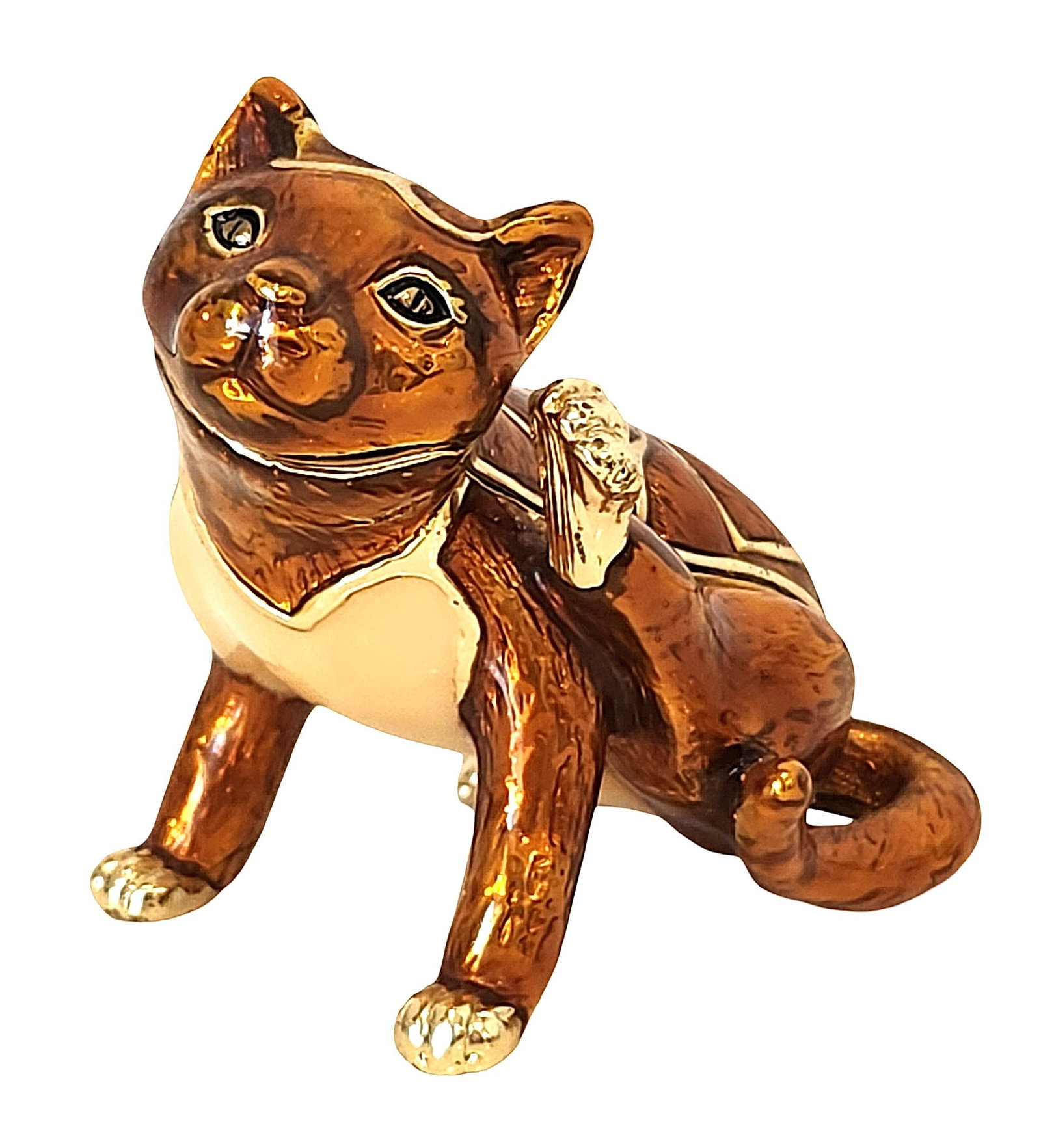 Hand-Painted Porcelain Cat Trinket Box with Hinged Lid: Charming hand-painted porcelain trinket box modeled as a seated cat scratching its ear. The figure features warm brown tones with cream accents and gilt highlights on the paws, ears, and decorative de