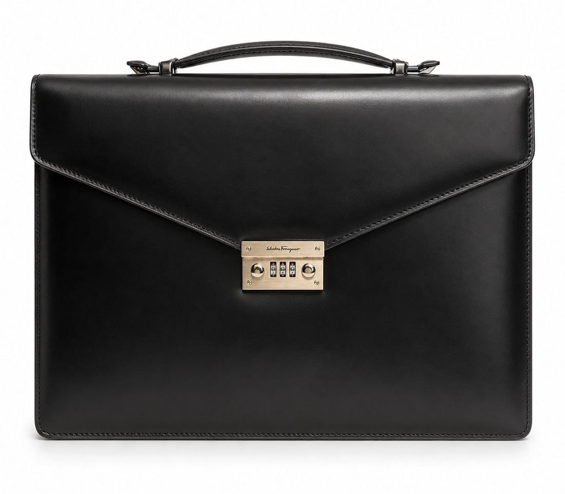 Authentic Salvatore Ferragamo Business Bag Black / 241067: Authentic Salvatore Ferragamo business bag crafted in smooth black leather with a structured, professional silhouette. This elegant briefcase features a front flap secured by a gold-tone engraved Ferr