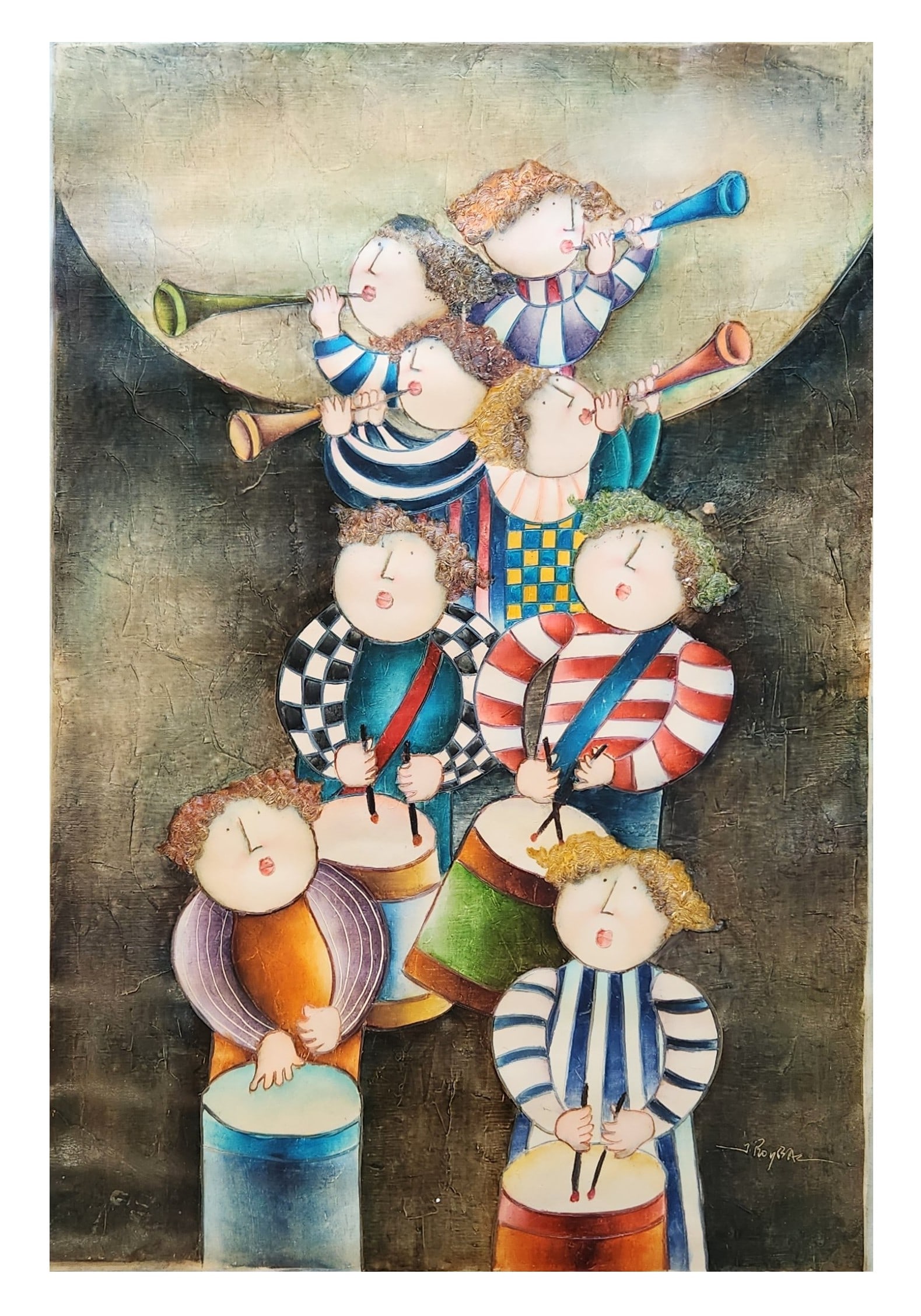 Joyce Roybal (Born 1955) American: Joyce Roybal (Born 1955) American Oil on Canvas Measure 37"in H x 25"in W and 39 1/4"in H x 27 1/4"in W not framed full canvas Known for: Cartoonish, whimsical child genre painting, "puffy people" Bio