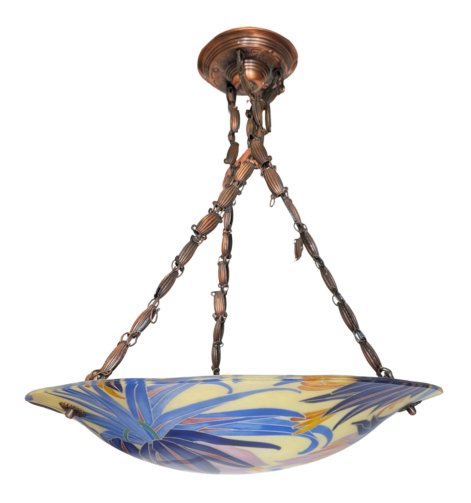 French Art Deco Loys Lucha Enameled Glass Pendant Chandelier, c. 1930: French Art Deco pendant chandelier by Loys Lucha (France), circa 1925?1935. The fixture features a large frosted art glass bowl shade decorated with an exuberant hand-enameled floral design in shades 