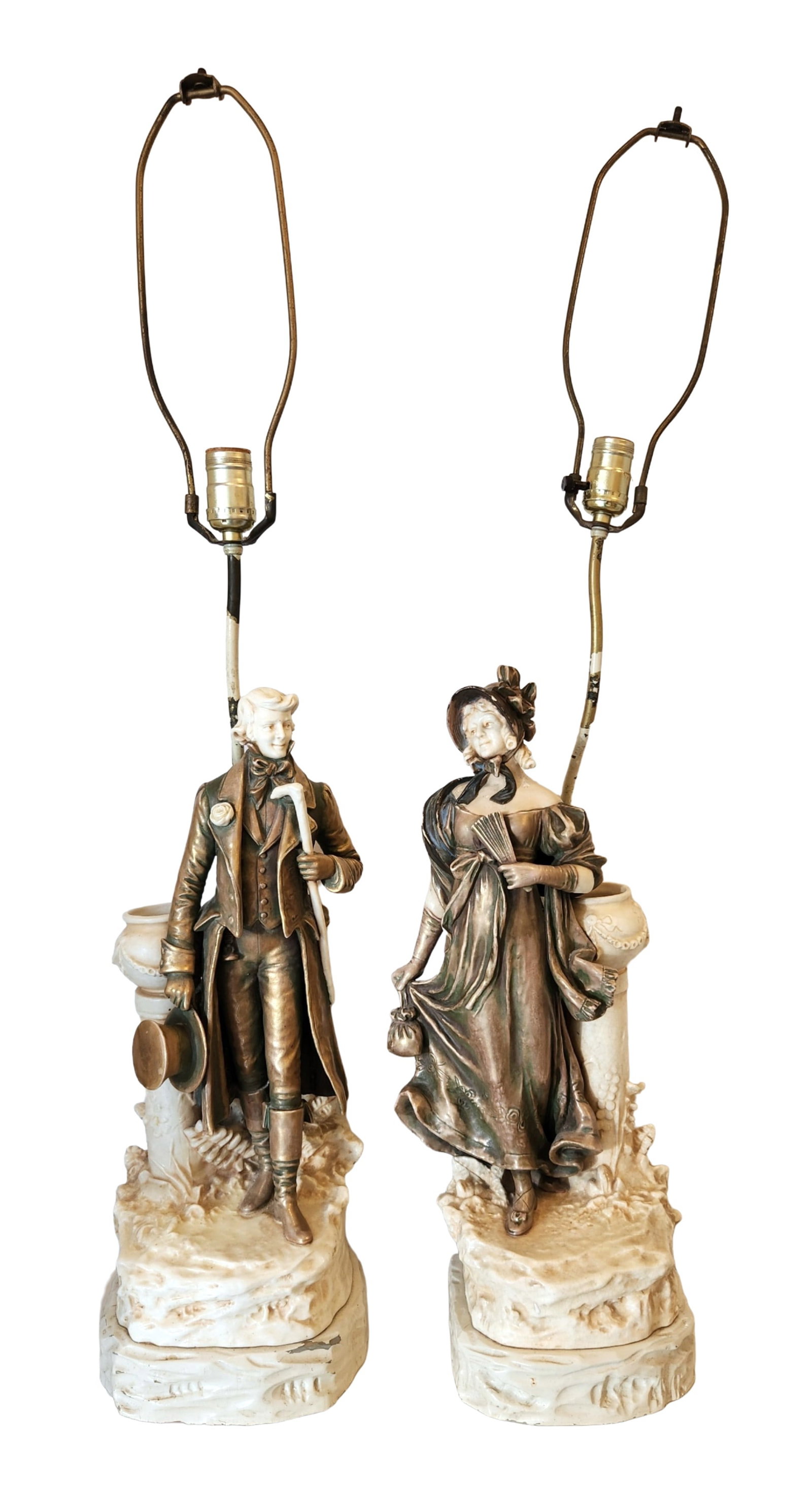 Pair of Antique Figural Lamps Signed Schafer & Vater Style ? Man and Woman, Early 20th Century: Charming pair of figural table lamps depicting a courting couple in 19th-century attire, signed Schafer (possibly for Schafer & Vater). Each lamp features finely detailed figures of a gentleman holdin