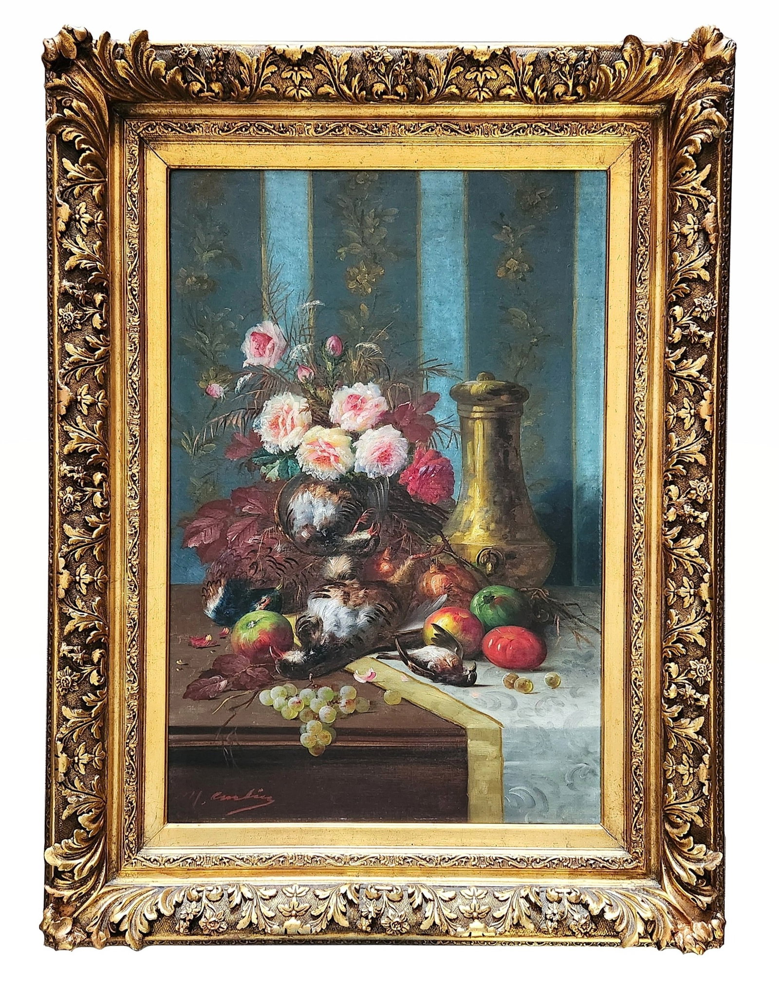Max Albert Carlier (1872 - 1938) Belgium: Max Albert Carlier (1872 - 1938) Belgium Oil on Canvas Measure 35 1/2"in H x 24"in W and 47 1/2"in x 36"in W x 5 1/4"in D with frame Known for: Floral and fruit still life, genre and interior scene pa