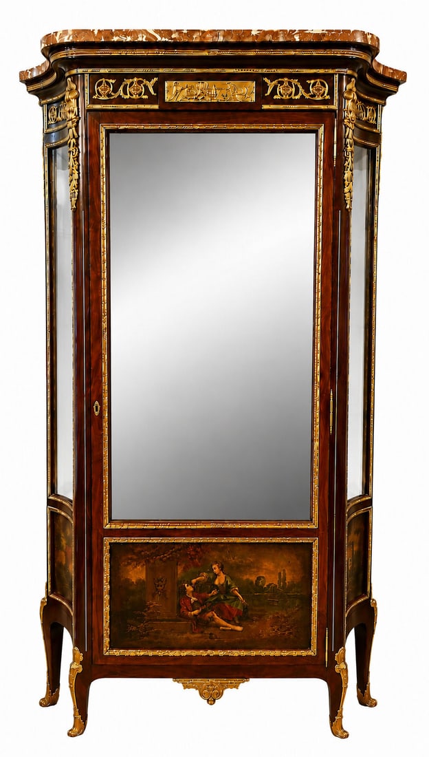 French Louis XVI Style Mahogany & Gilt Bronze Vitrine with Vernis Martin Panels and Marble Top (1 of 6)