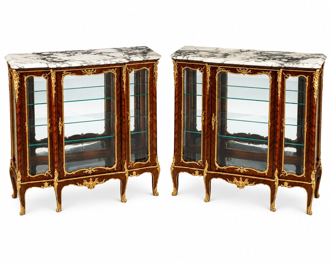 Pair of Louis XV Style Gilt Bronze Mounted Kingwood and Rosewood Marble-Top Vitrine Cabinets (1 of 20)