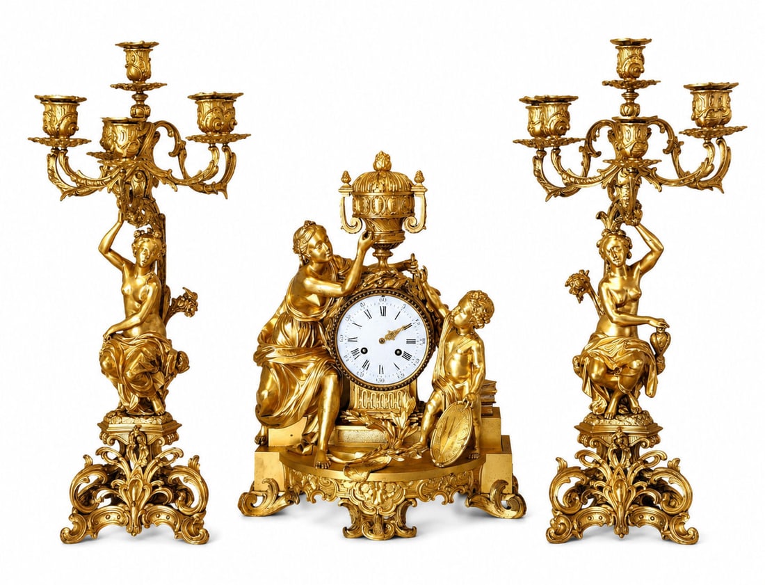 French Louis XV Style Gilt Bronze Figural Mantel Clock Garniture, Jean-Francois Deniere, 19th (1 of 17)