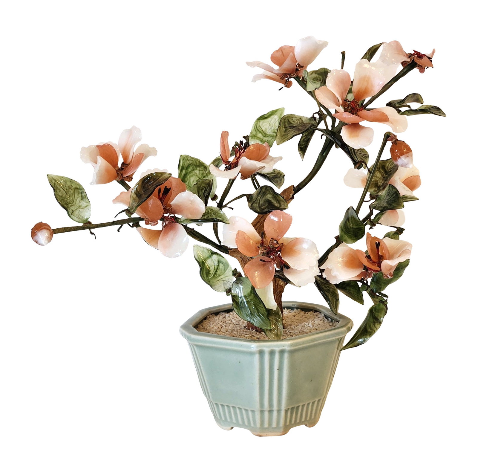 Chinese Gemstone Carved Flowering Tree in Celadon Pot: A beautiful Chinese gemstone flowering tree featuring hand-carved petals in soft shades of peach, white, and pale pink, complemented by carved green stone leaves, all arranged on flexible wire branche