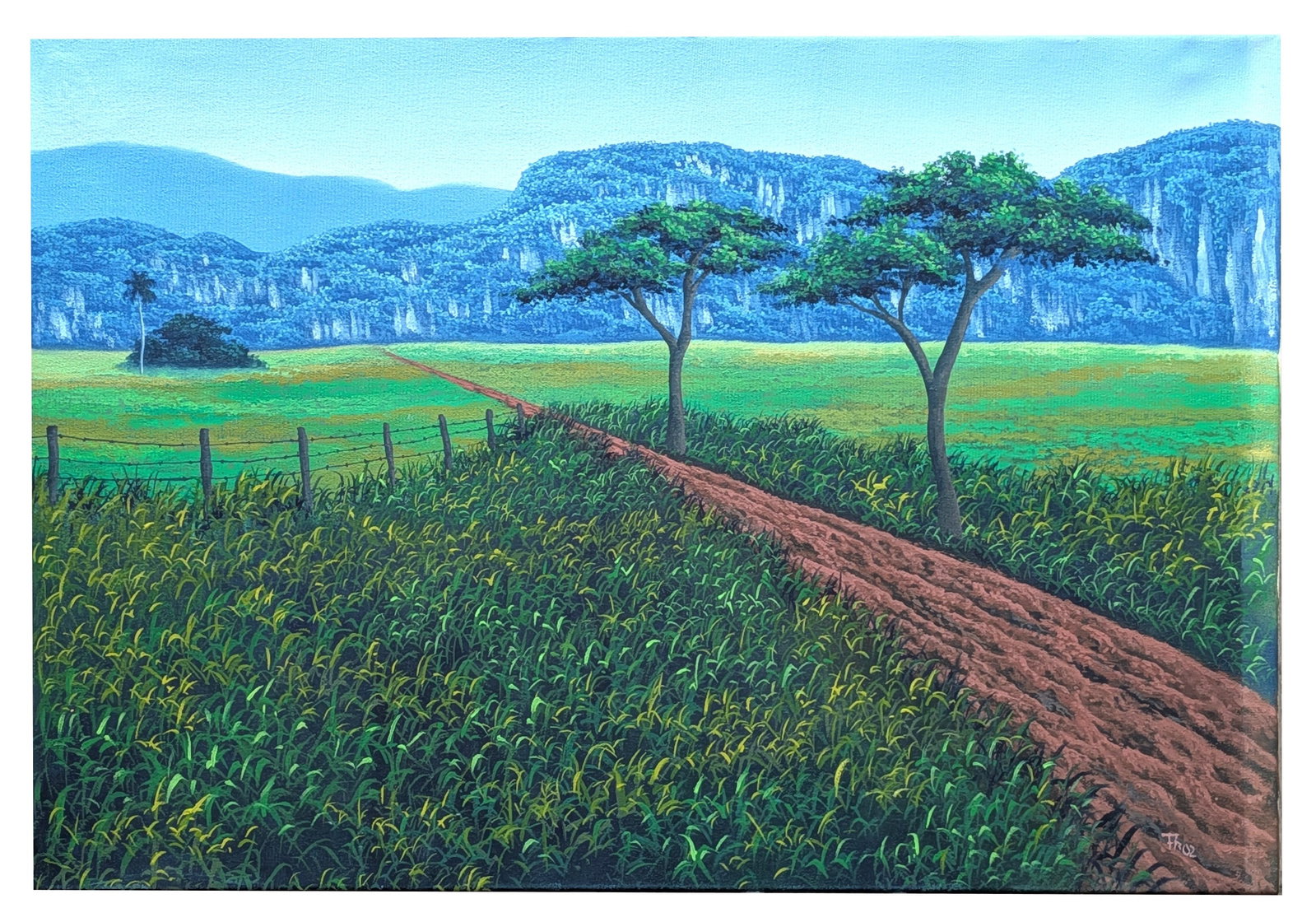 Original Oil on Canvas Cuban Landscape Painting Signed Illegible Dated 2002 Vinales Scene: Offered is an original oil on canvas landscape painting depicting a tranquil rural countryside scene believed to be inspired by the Vinales Valley region of Cuba. The composition features a winding re