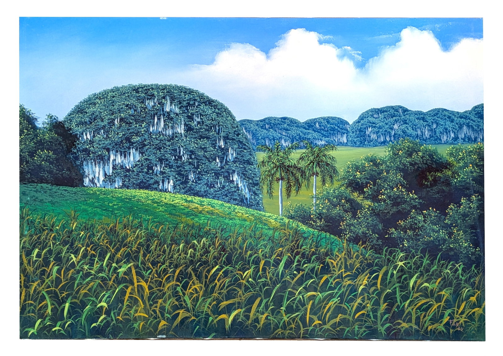 FAB '04, Cuban Landscape with Mogotes and Sugarcane Field, Oil on Canvas: Vivid tropical landscape depicting a lush sugarcane field stretching across the foreground, framed by dense vegetation and stately royal palms. A prominent limestone mogote rises dramatically from the