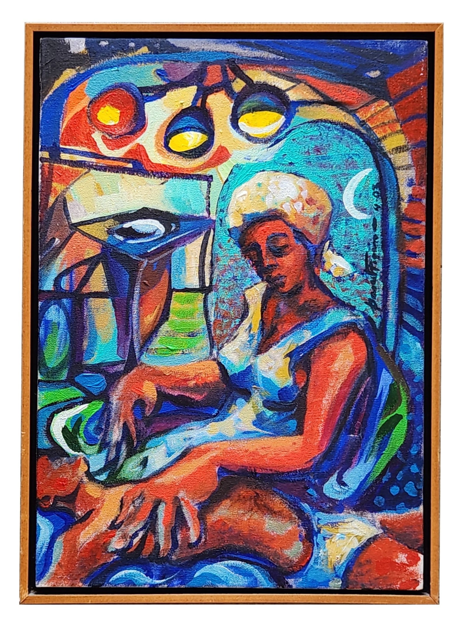 Symbolist Interior with Seated Woman and Child, Signed: A moving Symbolist painting depicting a tender scene of a seated woman resting her hand gently on the chest of a child lying across her lap. Rendered in vibrant, expressive brushwork, the figures are 