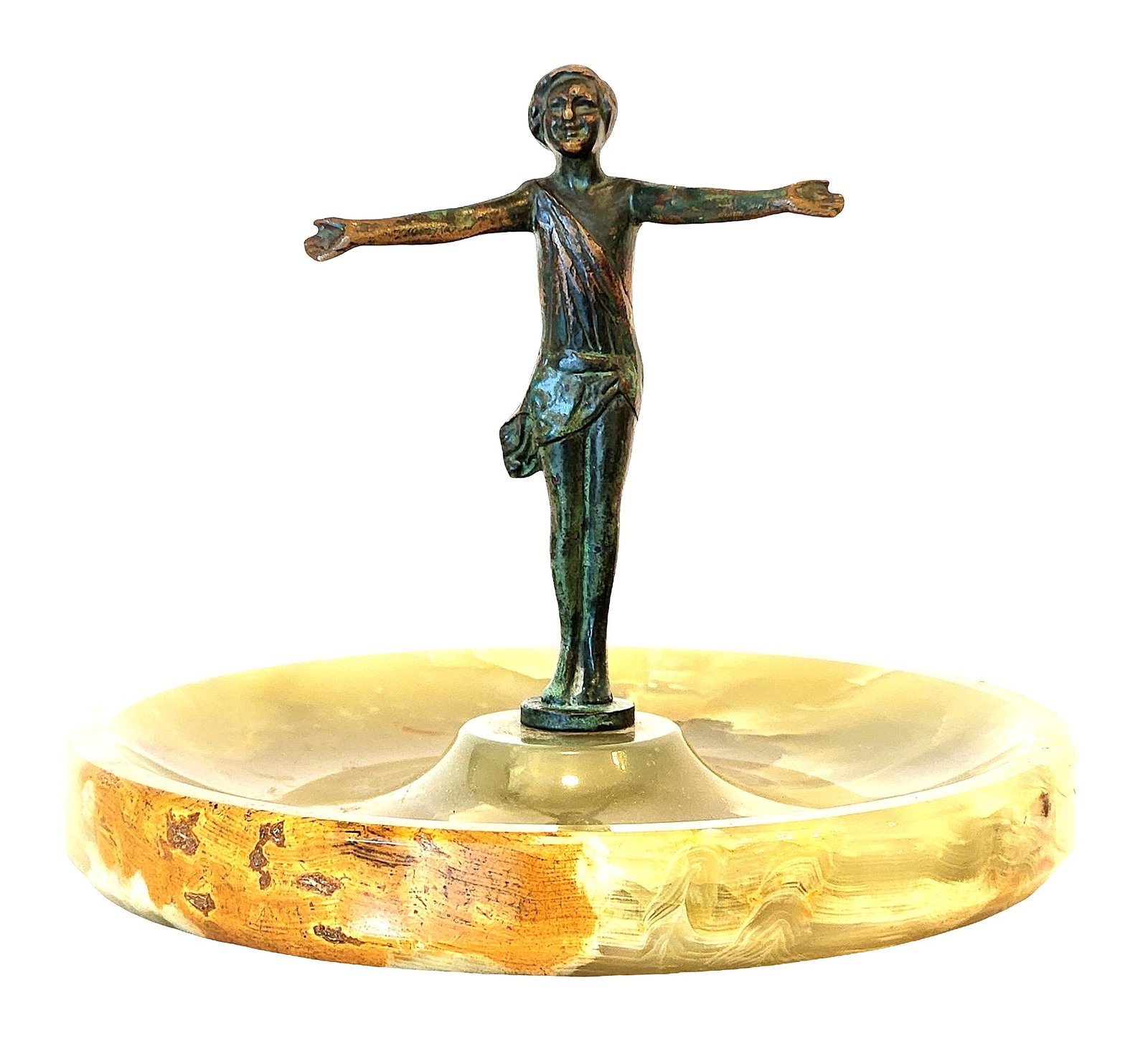 Bronze Figural Sculpture of a Child on Onyx Dish Base: Decorative bronze figural sculpture depicting a child with outstretched arms, mounted on a polished onyx dish-form base. The figure is rendered in a stylized manner with flowing drapery and expressive