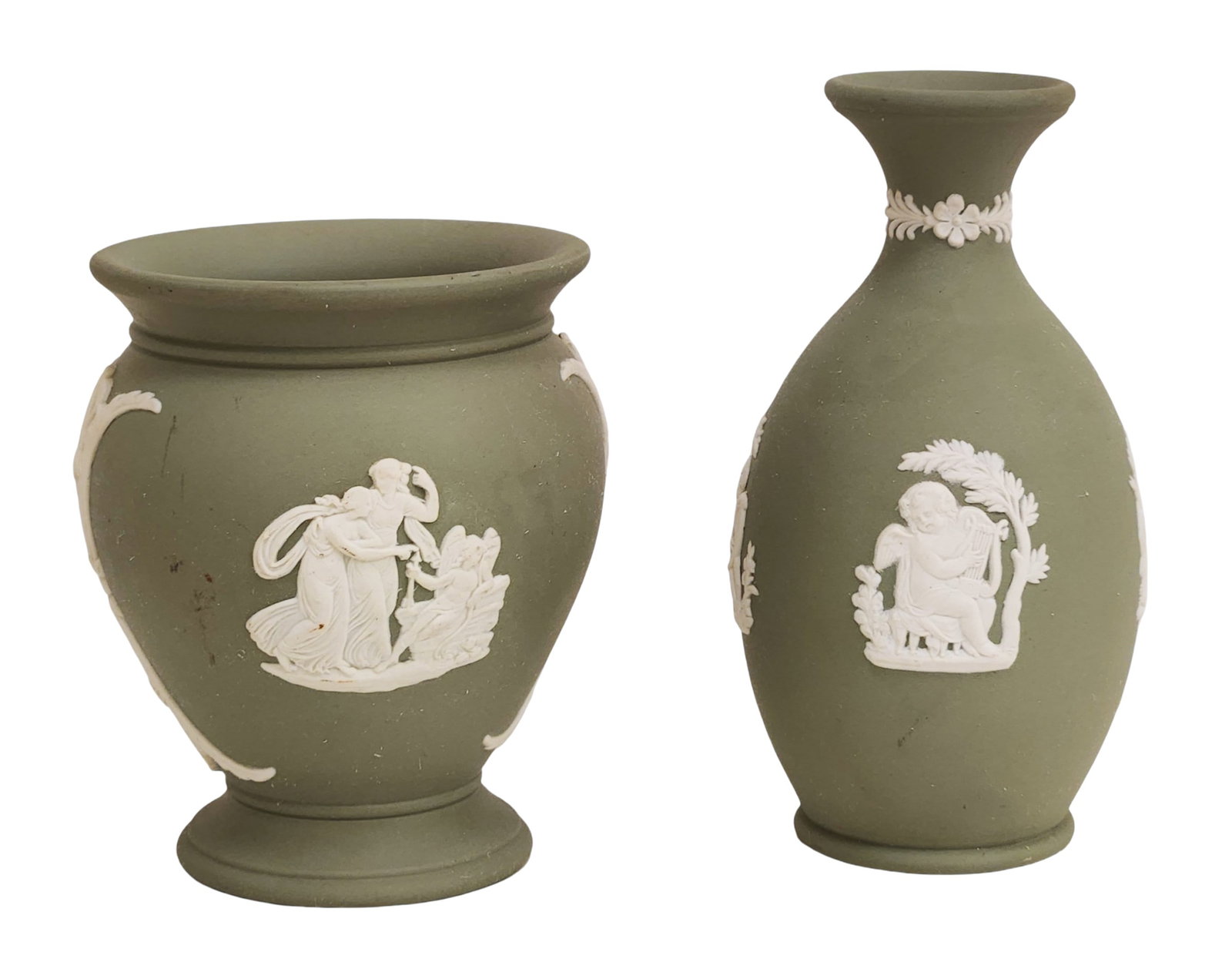Pair of Wedgwood Green Jasperware Vases with Classical Reliefs: A pair of Wedgwood green jasperware vases, each decorated with applied white classical figures and motifs in relief. Both stamped Wedgwood Made in England with impressed numbers Biggest one Measure 5"