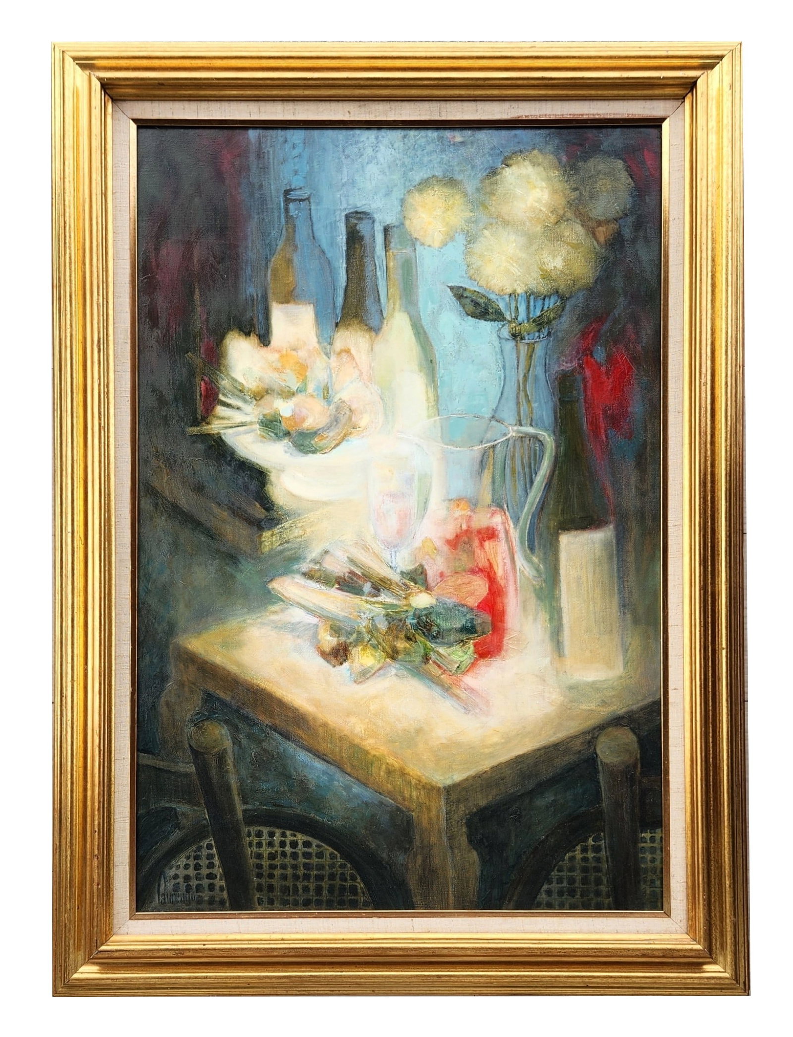 Framed Mid-Century Still Life Oil Painting with Bottles & Flowers, Signed: A beautifully atmospheric mid-century still life oil painting featuring a softly illuminated tabletop arrangement of bottles, flowers, and fruit. Executed in a refined, painterly style, the compositio