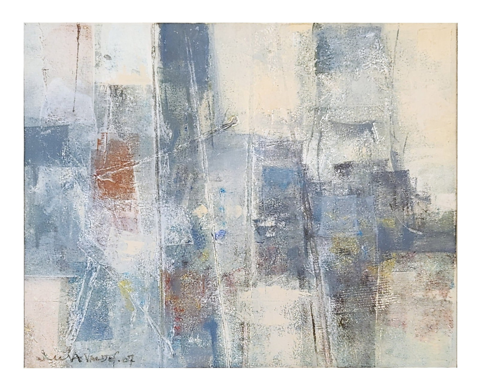 Abstract Composition, Mixed Media on Canvas, Illegibly Signed, 2007: Contemporary abstract mixed media on canvas, dated 2007 and signed indistinctly at lower left. The composition features layered textures and subtle tonal variations, dominated by shades of blue, gray,