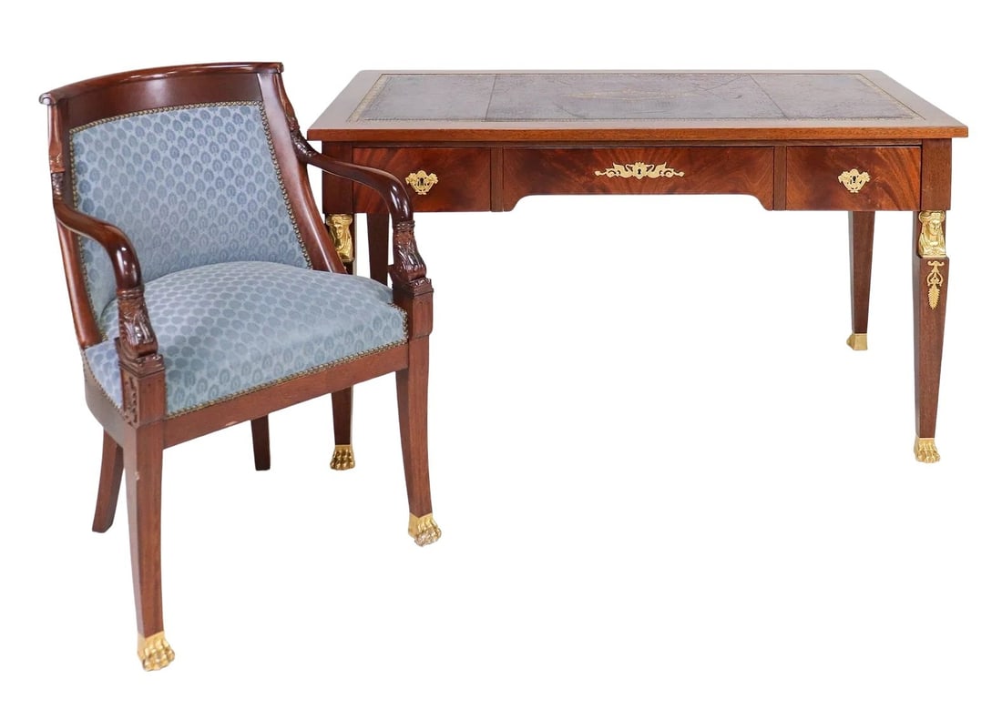 Empire Style Mahogany Writing Desk with Bronze Mounts and Leather Top, with Armchair (1 of 9)