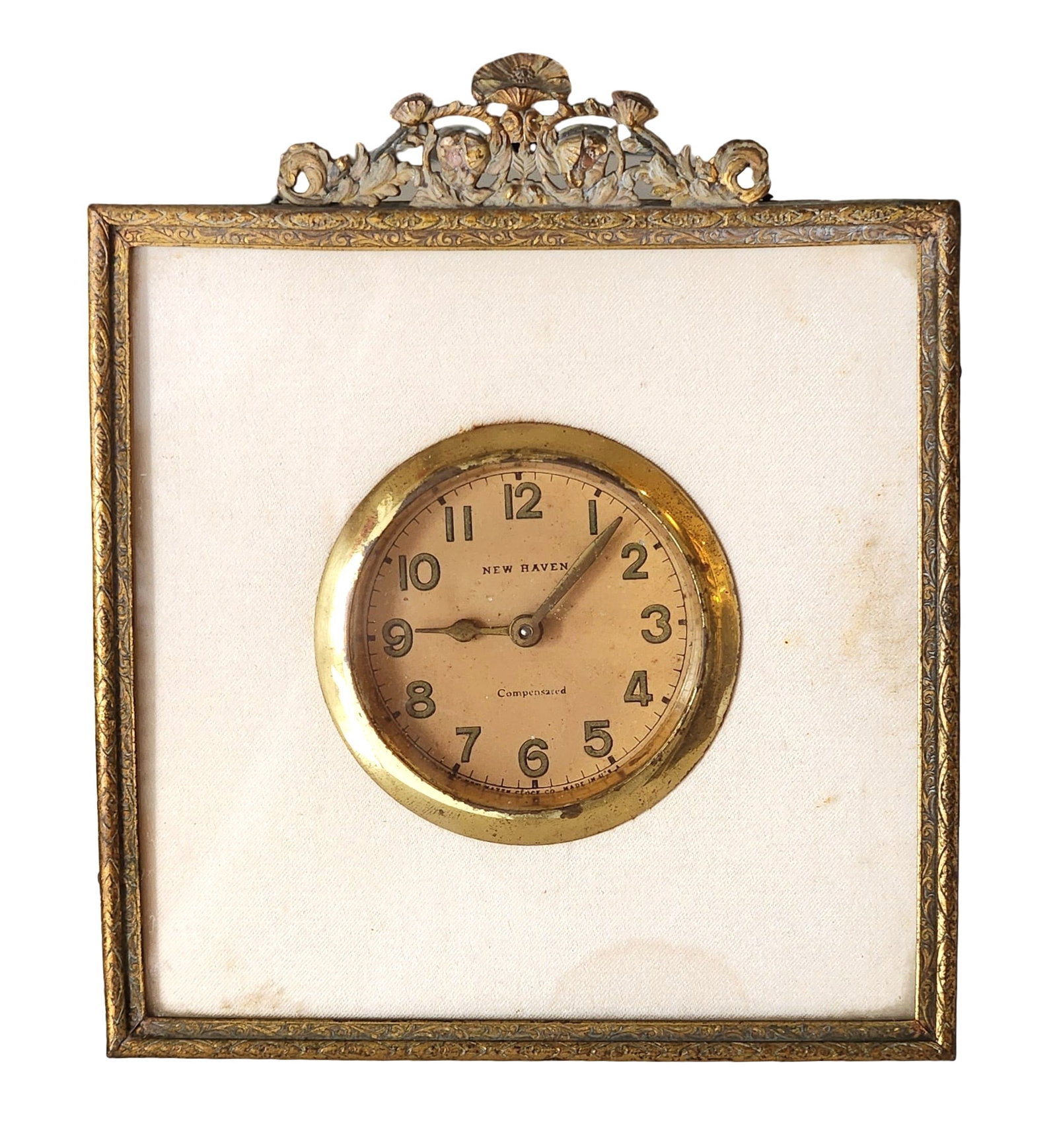 Antique New Haven Clock in Ormolu Frame with Silk Backing Early 20th Century (1 of 8)