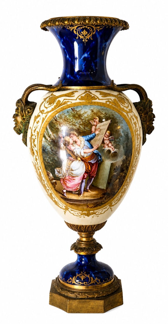 Antique French Sevres Style Porcelain and Ormolu Vase Romantic Scene & Cobalt Accents: Elegant antique French Sevres-style porcelain vase, richly decorated with a romantic hand-painted scene featuring a courting couple and cherubs. The detailed figural vignette is surrounded by ornate g