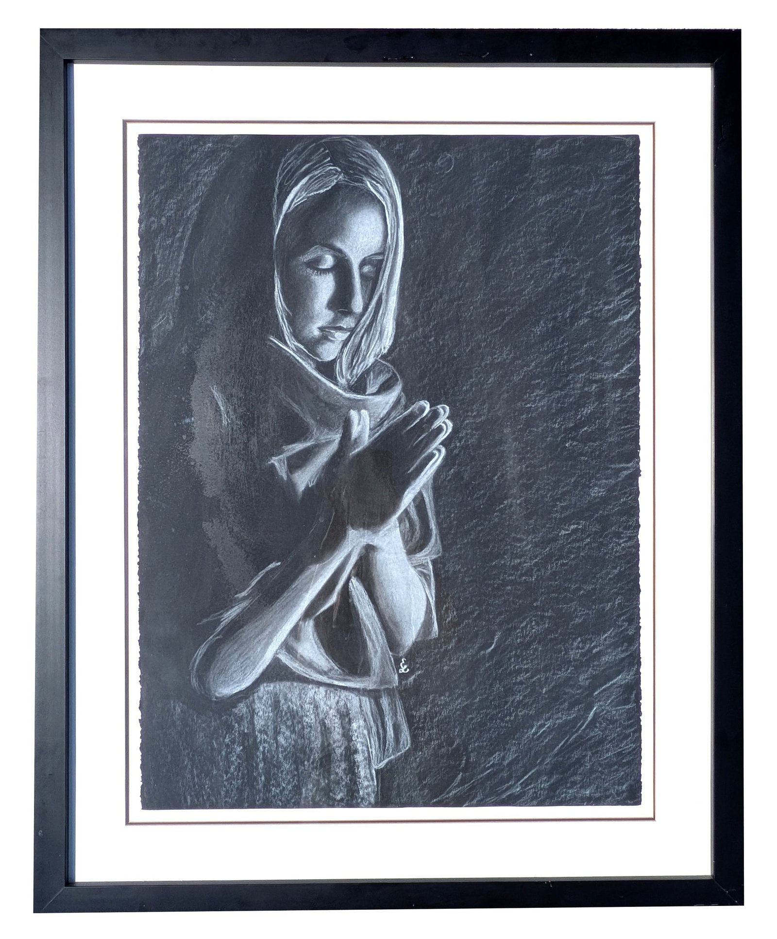 Contemporary Charcoal Portrait Drawing of Praying Woman, Signed & Framed (1 of 6)