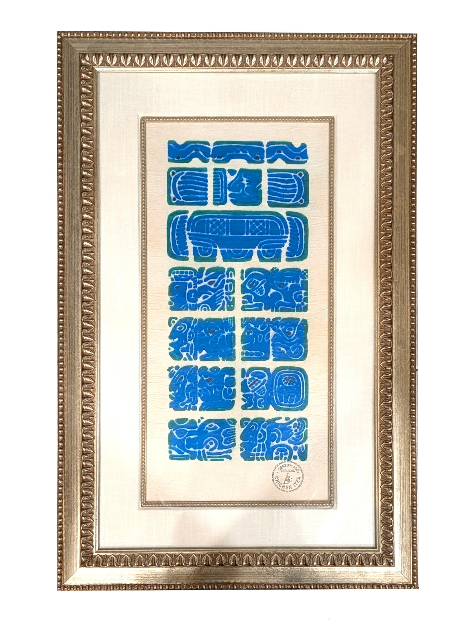 Mayan Glyph Composition on Bark Paper, Chichen Itza, Certified CECIJEMA, Framed: Decorative Mexican folk art rendering of stylized Mayan glyphs in vivid cobalt and turquoise blue on natural bark paper ( amate-style support ) . The composition features a series of geometric and zoo