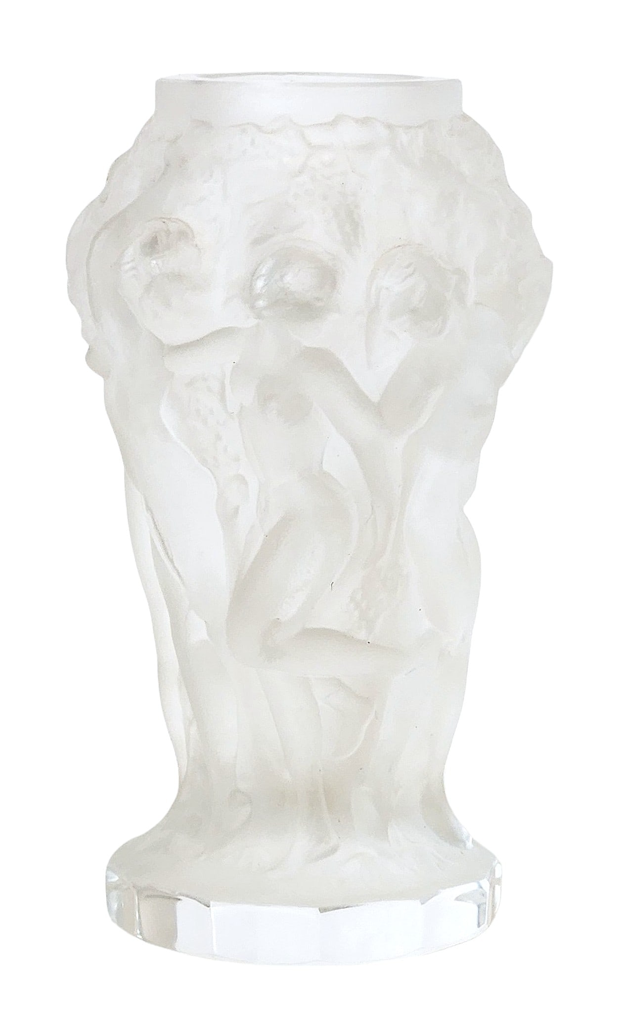 Frosted Molded Glass Vase with Figural Relief: Decorative frosted glass vase featuring a sculptural figural relief design. The vase is molded in translucent white glass with a softly textured surface that highlights the flowing forms of the figure