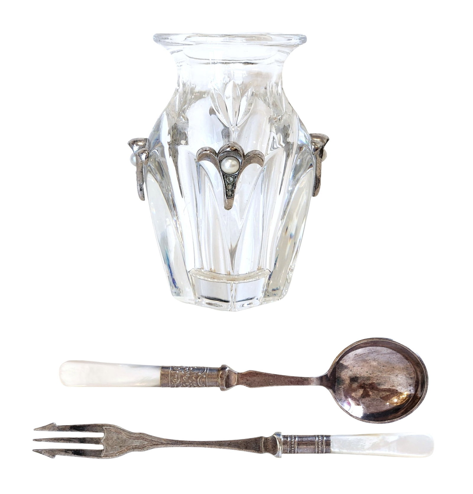 English Cut Crystal Vase with Silver Mounts and Pearl Accents, with Mother-of-Pearl Handled Fork: Charming English set including a cut crystal vase decorated with silver-plated mounts enhanced with faux pearl cabochons in an Art Nouveau style, together with a silver-plated fork and spoon with orna
