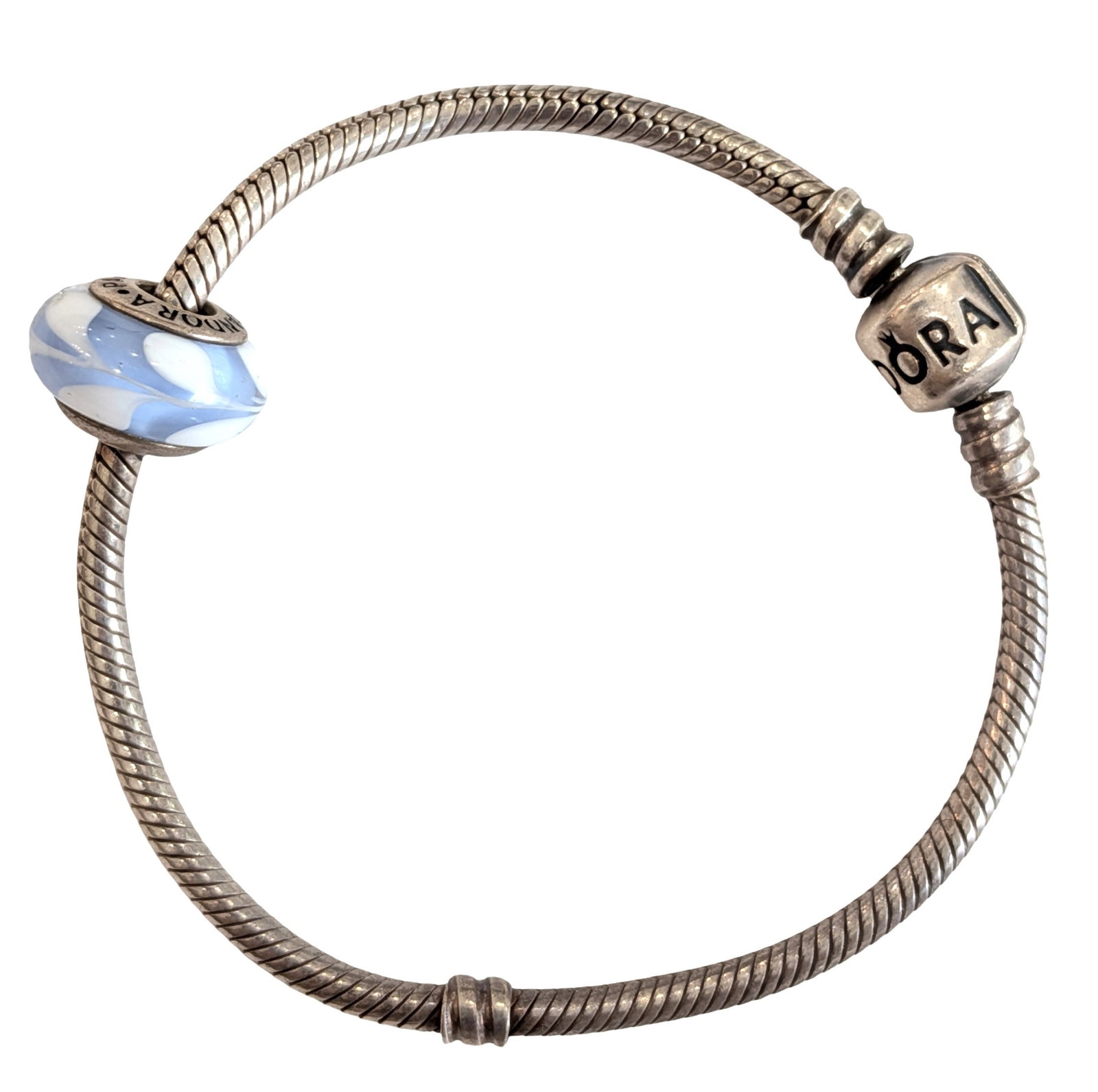 Pandora Sterling Silver Charm Bracelet with Blue Murano Glass Bead (1 of 5)