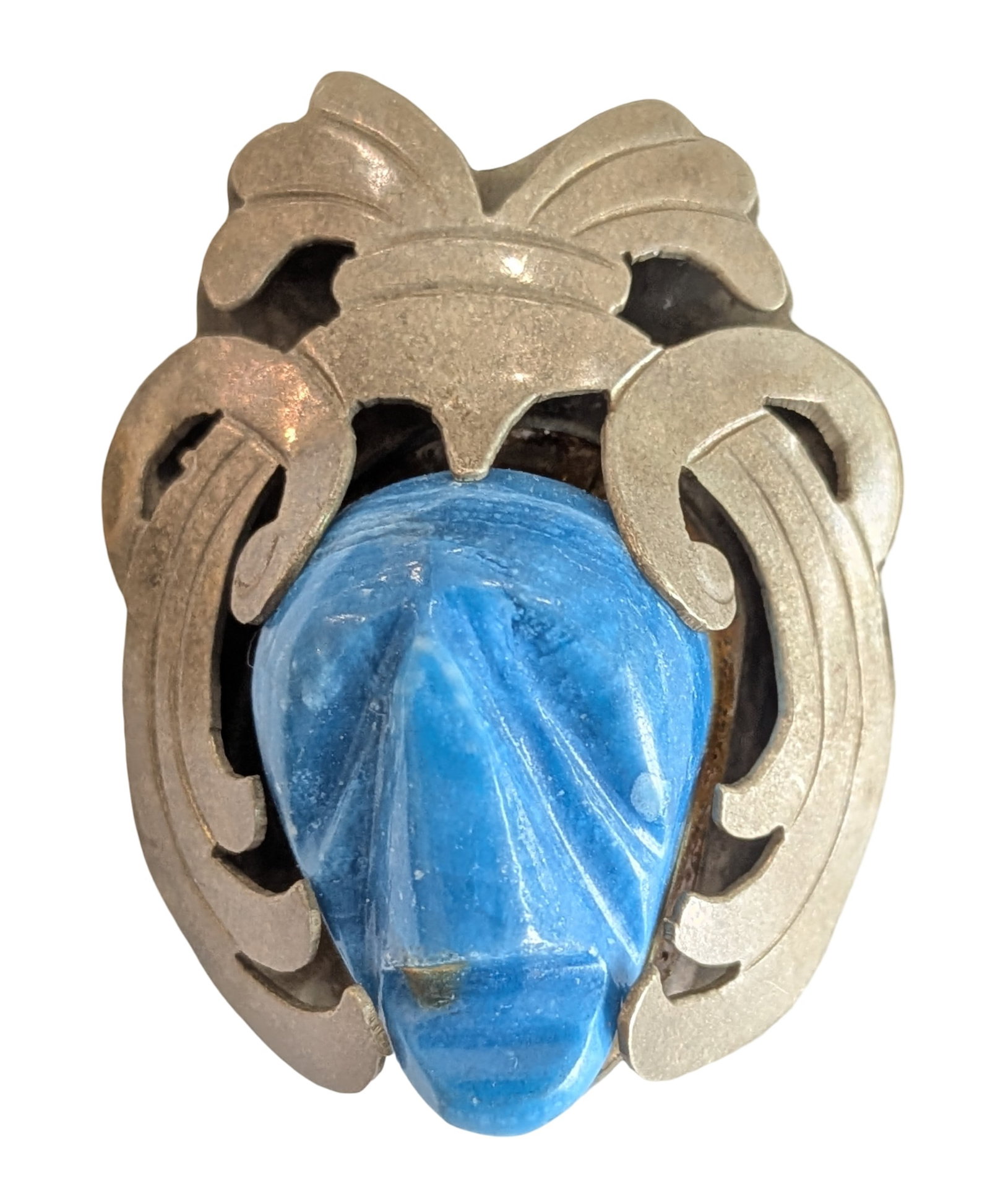 Vintage Alpaca Mexico Blue Stone Scarab Brooch Pendant ? Mexican Silver-Tone Convertible Pin (1 of 3)