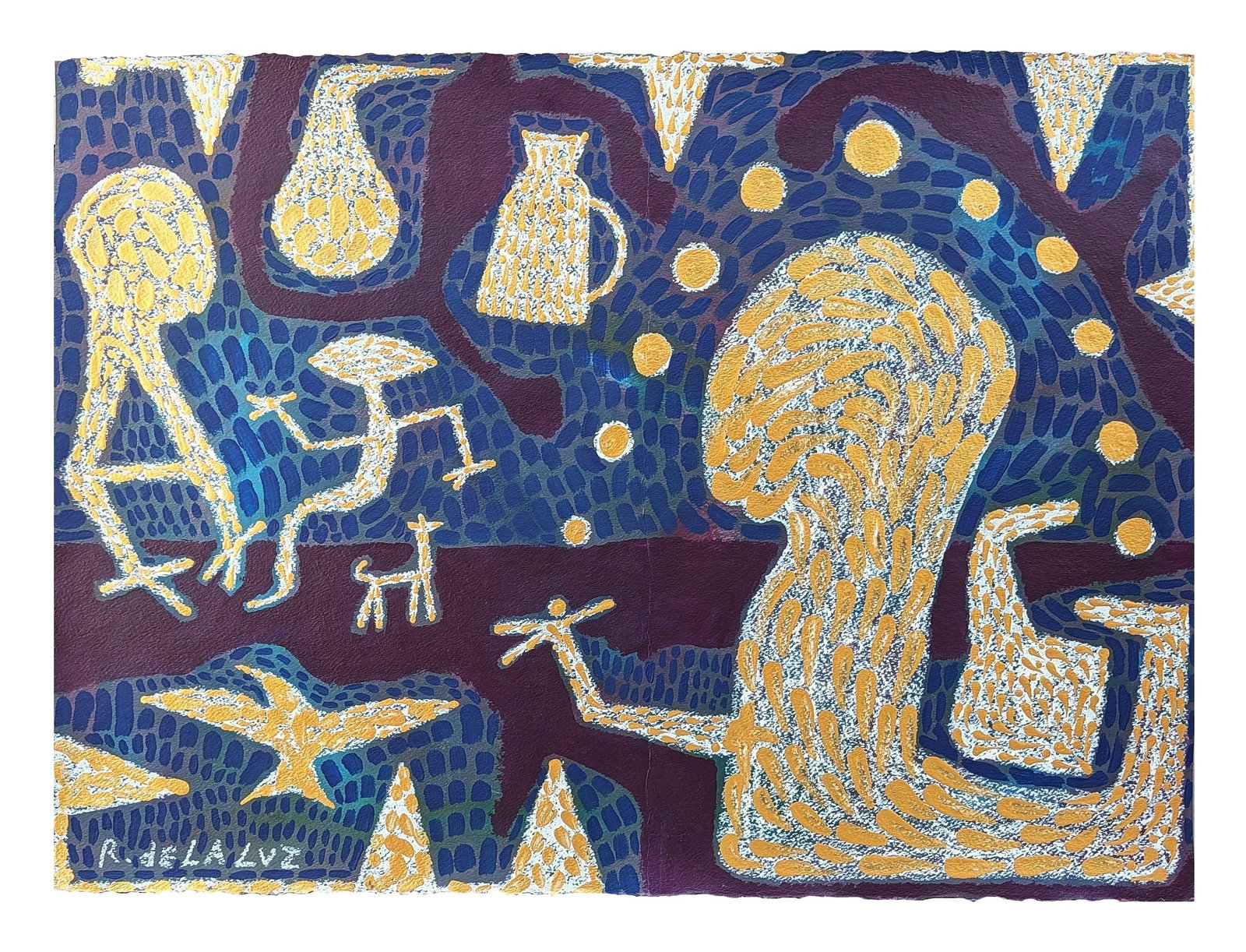 Suenos de un Mago Acrylic Painting by Rodrigo de la Luz Cuban Painter: Colorful contemporary acrylic painting titled Suenos de un Mago ( Dreams of a Magician ) by artist Rodrigo de la Luz. The composition features whimsical abstract and figurative forms rendered in deep 