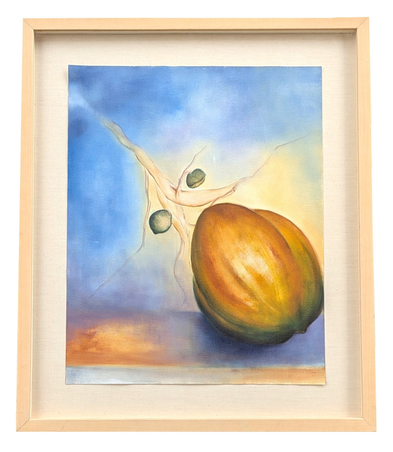 Surrealist Still Life with Melon, Oil on Canvas: Oil on canvas depicting a dreamlike still-life composition featuring a large melon set against a luminous blue and lavender background. Floating organic forms and ethereal, ribbon-like elements create