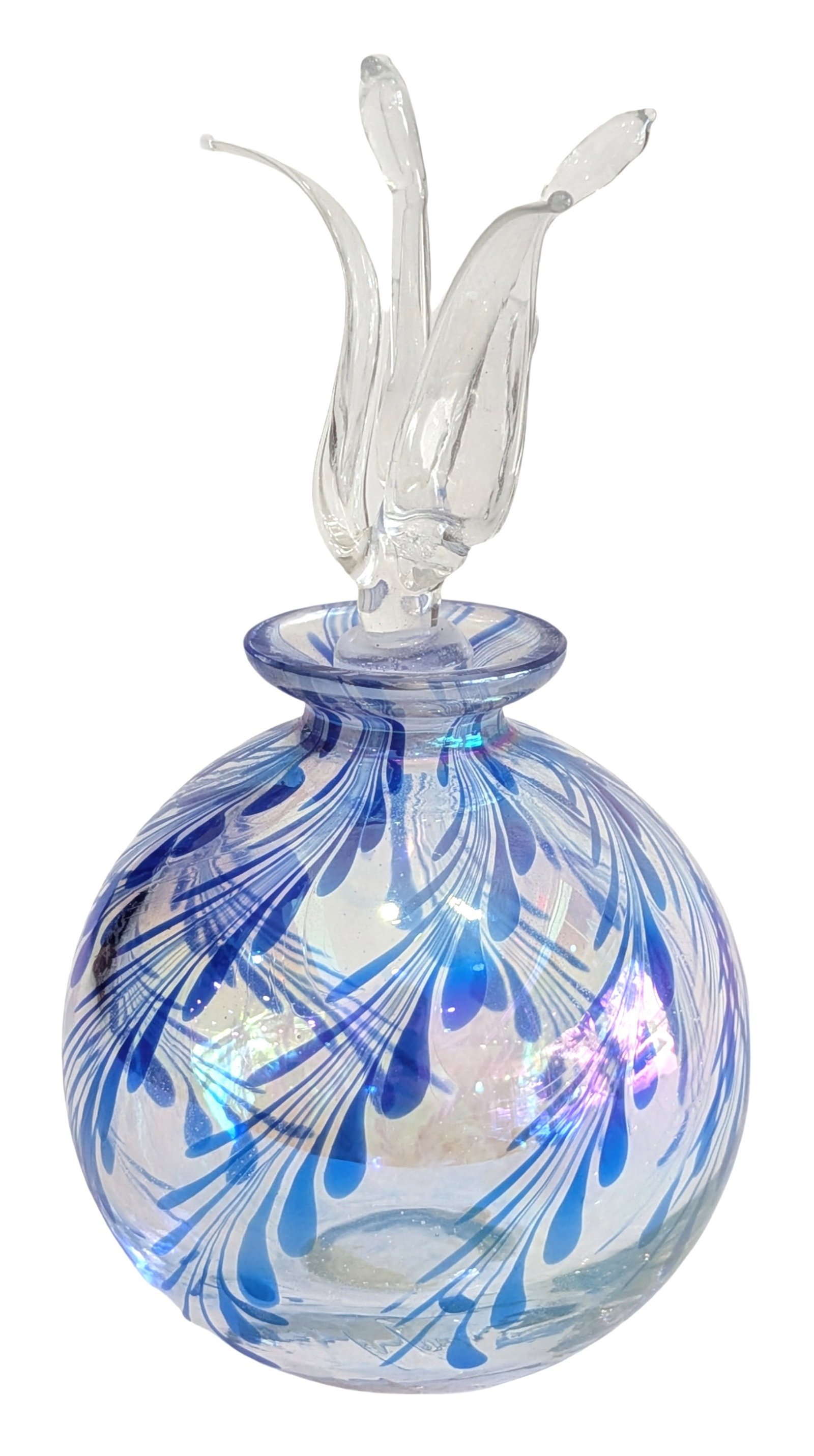 Iridescent Blue Art Glass Perfume Bottle with Floral Stopper: Decorative hand-blown art glass perfume bottle featuring a spherical clear body with iridescent finish and applied blue feather or teardrop form decoration radiating from the neck. The bottle is fitte
