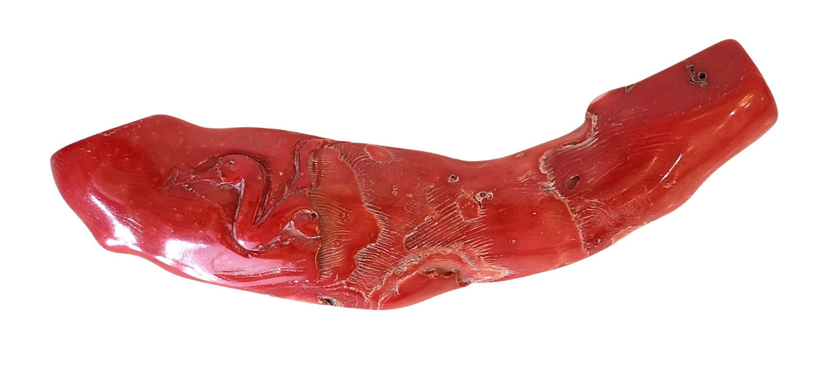 Antique Chinese Red Coral Carving of a Phoenix: Exquisite antique Chinese red coral carving depicting a phoenix in fine relief detail. The natural coral branch has been expertly worked to highlight the bird?s elegant form, symbolizing rebirth, pros