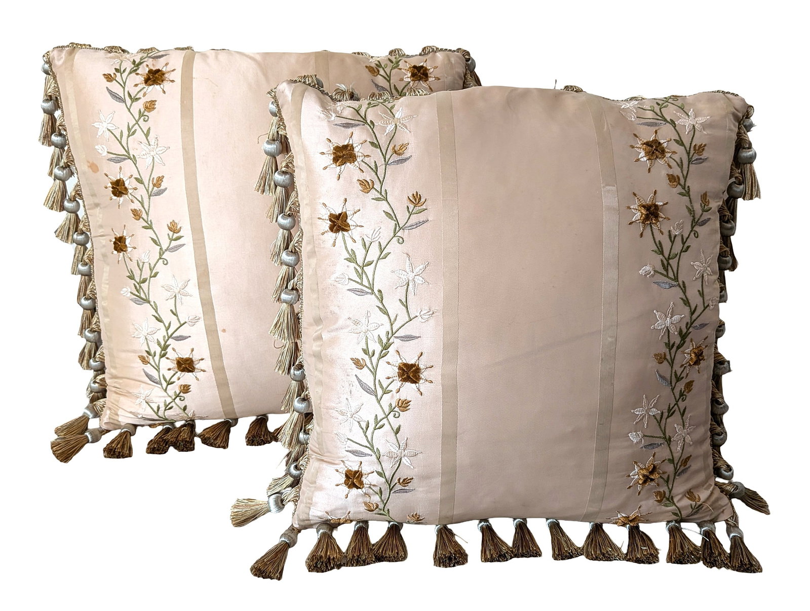 Pair of Embroidered Silk Decorative Throw Pillows with Tassel Fringe (1 of 6)