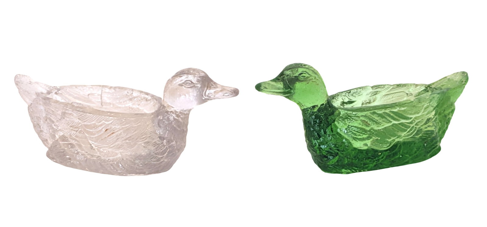 Pair of Signed Portieux French Art Glass Duck Form Open Salts or Trinket Dishes: A charming pair of French art glass duck-form dishes by Portieux Vallerysthal, comprising one clear crystal example and one emerald green example. Each duck is finely molded with detailed feather deco
