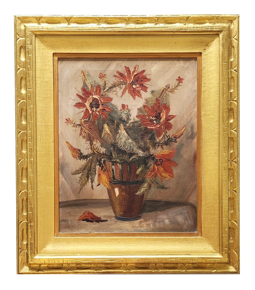 Impressionist Still Life of Red Flowers in a Pot, Oil on Canvas, Framed: Expressive impressionist still life depicting a bouquet of red flowers arranged in a terracotta pot, rendered in richly textured oil on canvas. The composition emphasizes dynamic, palette-knife brushw