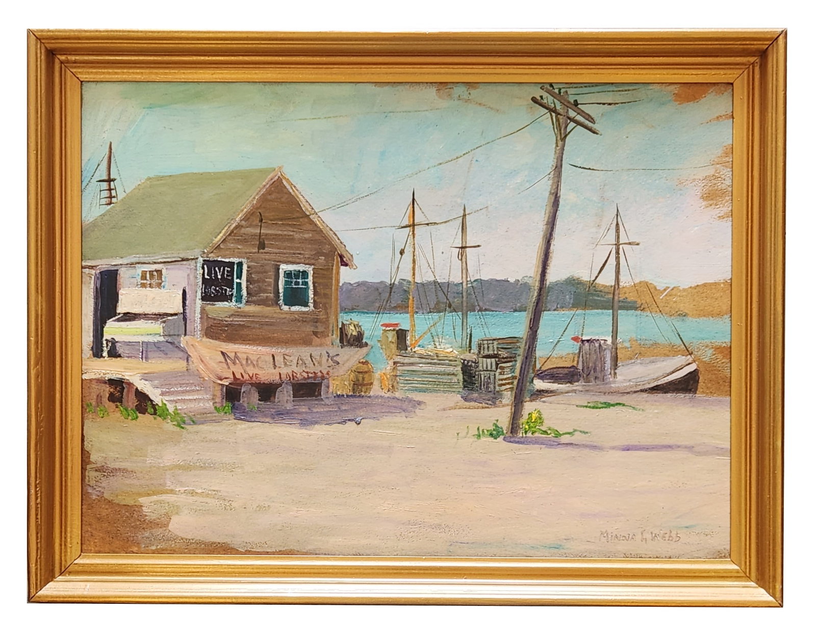 Minna Grumbt Webb (1885 - 1969) Germany: Minna Grumbt Webb (1885 - 1969) Germany Title: Scene with Shack and Boats Oil on Cardboard Measure 15 1/2"in H x 21 1/4"in W and 18 1/2"in H x 24 1/4"in W x 1 1/2"in D framed
