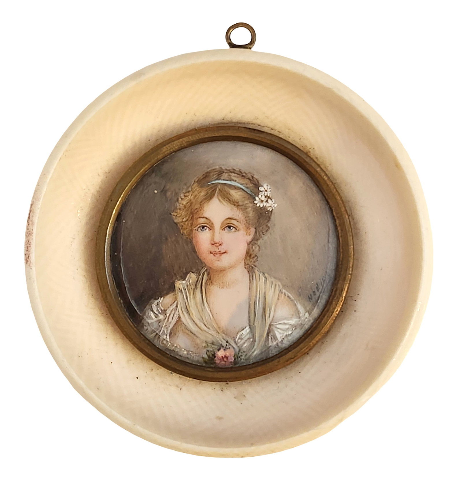Antique Hand-Painted Portrait Miniature Plaque of a Young Woman, 19th Century: Antique portrait miniature plaque depicting a young woman in early 19th century attire, her hair styled with a ribbon and small floral accent. The finely executed hand-painted portrait is rendered in 