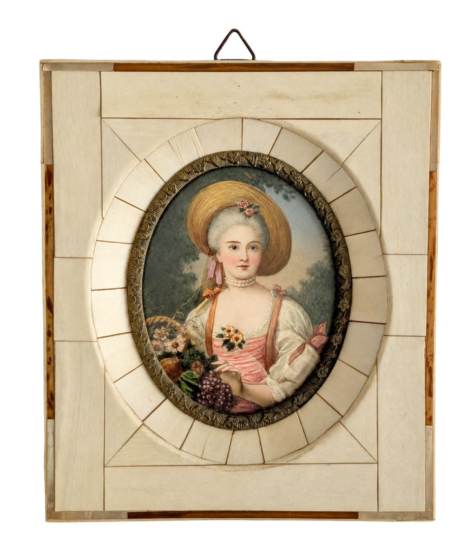Antique Hand-Painted Portrait of Marie Antoinette in Decorative Frame: Finely executed antique portrait depicting Marie Antoinette, Queen of France, portrayed in the celebrated pastoral style associated with late eighteenth-century French court portraiture. The queen is 