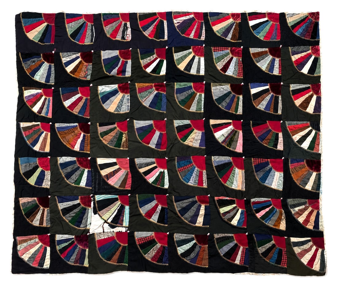 Antique Victorian Crazy Quilt Fan Pattern, Hand-Stitched Paducah Quilt (1 of 5)