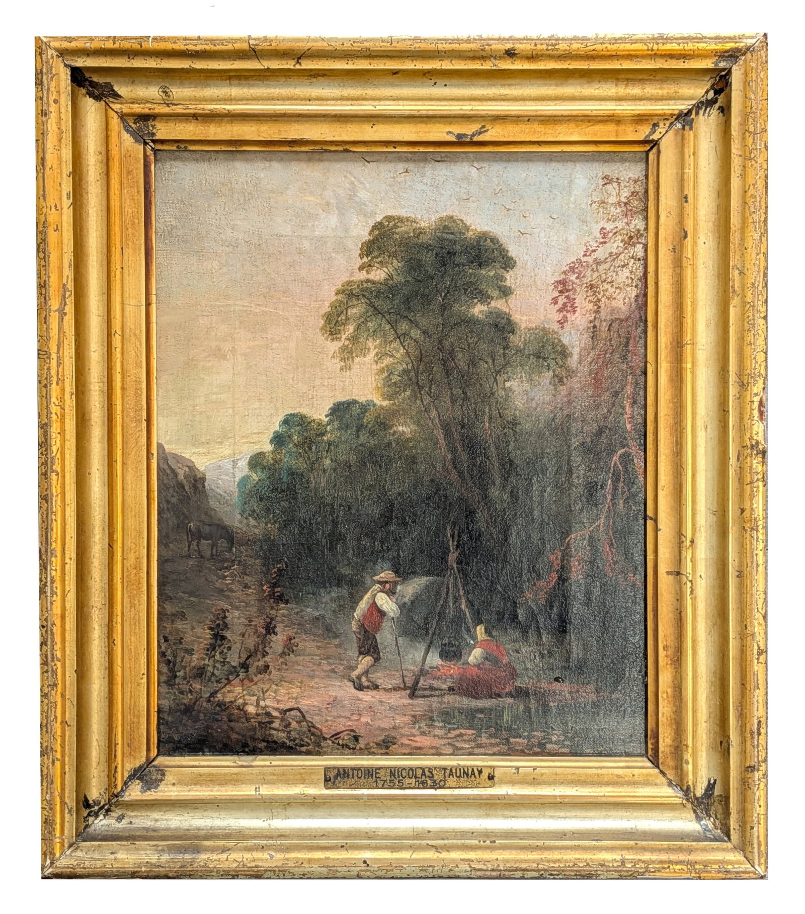 Nicolas Antoine Taunay ( 1755 - 1830 ) France: Nicolas Antoine Taunay ( 1755 - 1830 ) France Title: Campfire in the Woods Oil on Canvas Measure 11 1/4"in H x 9 1/4"in W and 15 3/4"in H x 13 1/2"in W framed Known for: Landscape painting, military s