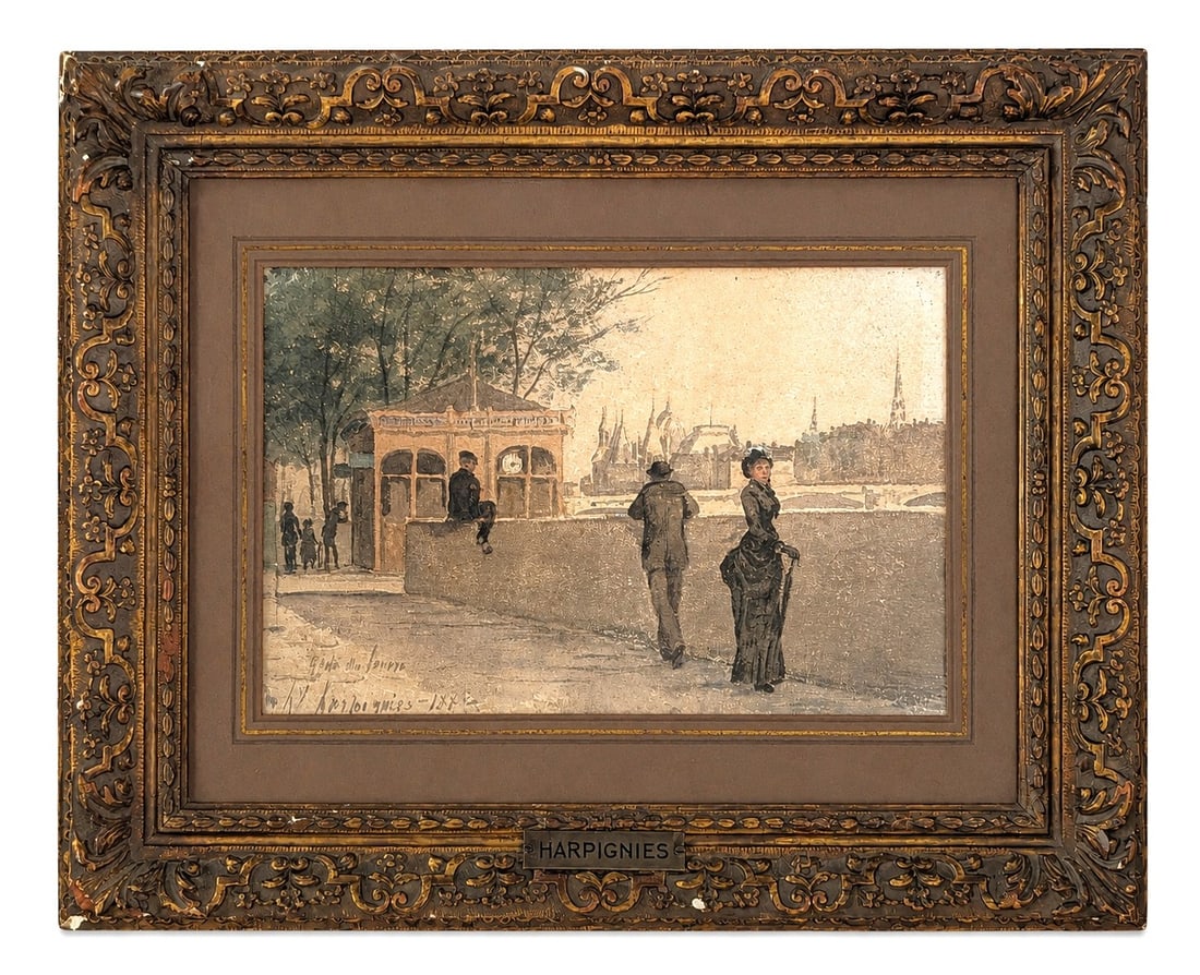 Henri Joseph Harpignies ( 1819 - 1916 ) France: Henri Joseph Harpignies ( 1819 - 1916 ) France Title: Quai du Louvre Watercoloron Paper Measure 6 1/2"in H x 10"in W and 12 1/2"in H x 16"in W framed
