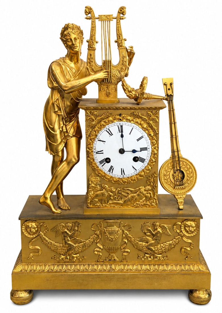 French Empire Style Gilt Bronze Figural Mantel Clock with Lyre & Mandolin, 19th Century (1 of 7)
