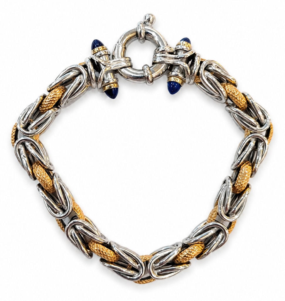 David Yurman 18K Yellow Gold, Byzantine Bracelet with Lapis Lazuli: Elegant David Yurman bracelet crafted in 18K yellow gold, featuring the iconic Byzantine link design with richly textured 18K yellow gold oval links woven throughout polished sterling silver links. Th