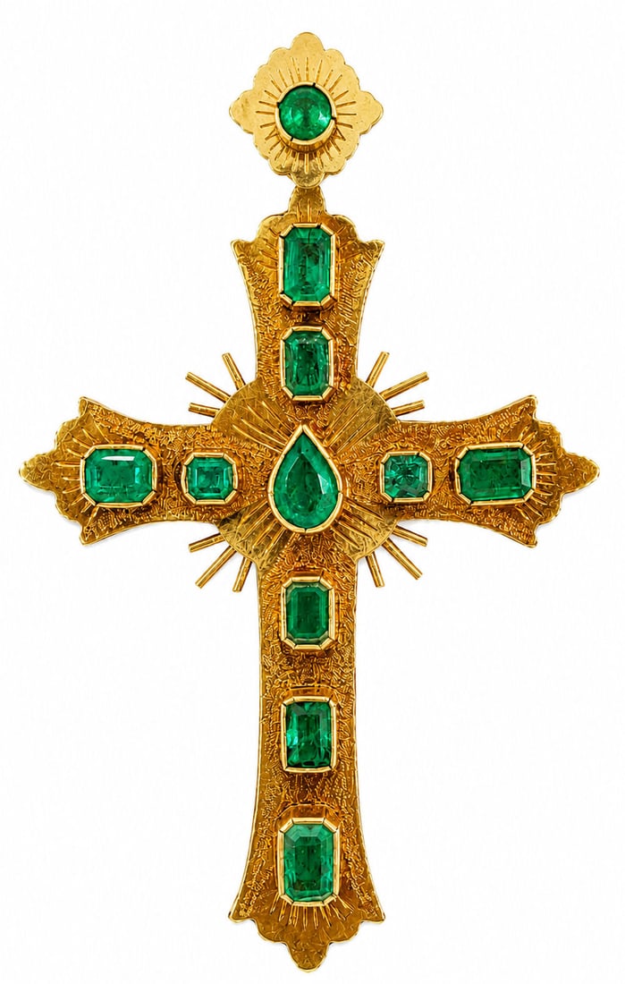 18K Yellow Gold Emerald Cross Pendant: Elegant 18K yellow gold cross pendant featuring a striking arrangement of vibrant green emeralds in a richly textured handcrafted setting. The design centers on a pear shaped emerald surrounded by eme