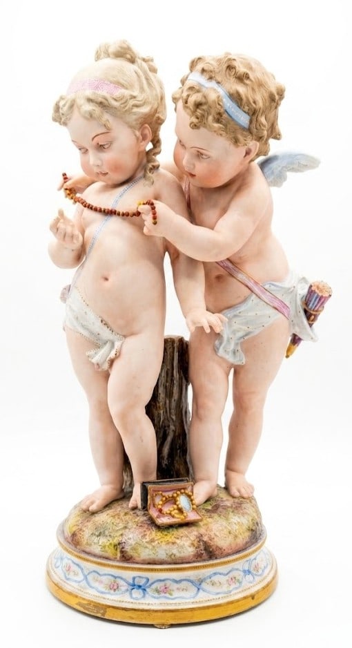 Large German Bisque Porcelain Figure of Cupid and Psyche with Jewelry Casket, Late 19th Century (1 of 7)