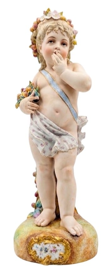 Antique Continental Bisque and Polychrome Porcelain Figure of Bacchic Cherub Holding Fruit (1 of 6)