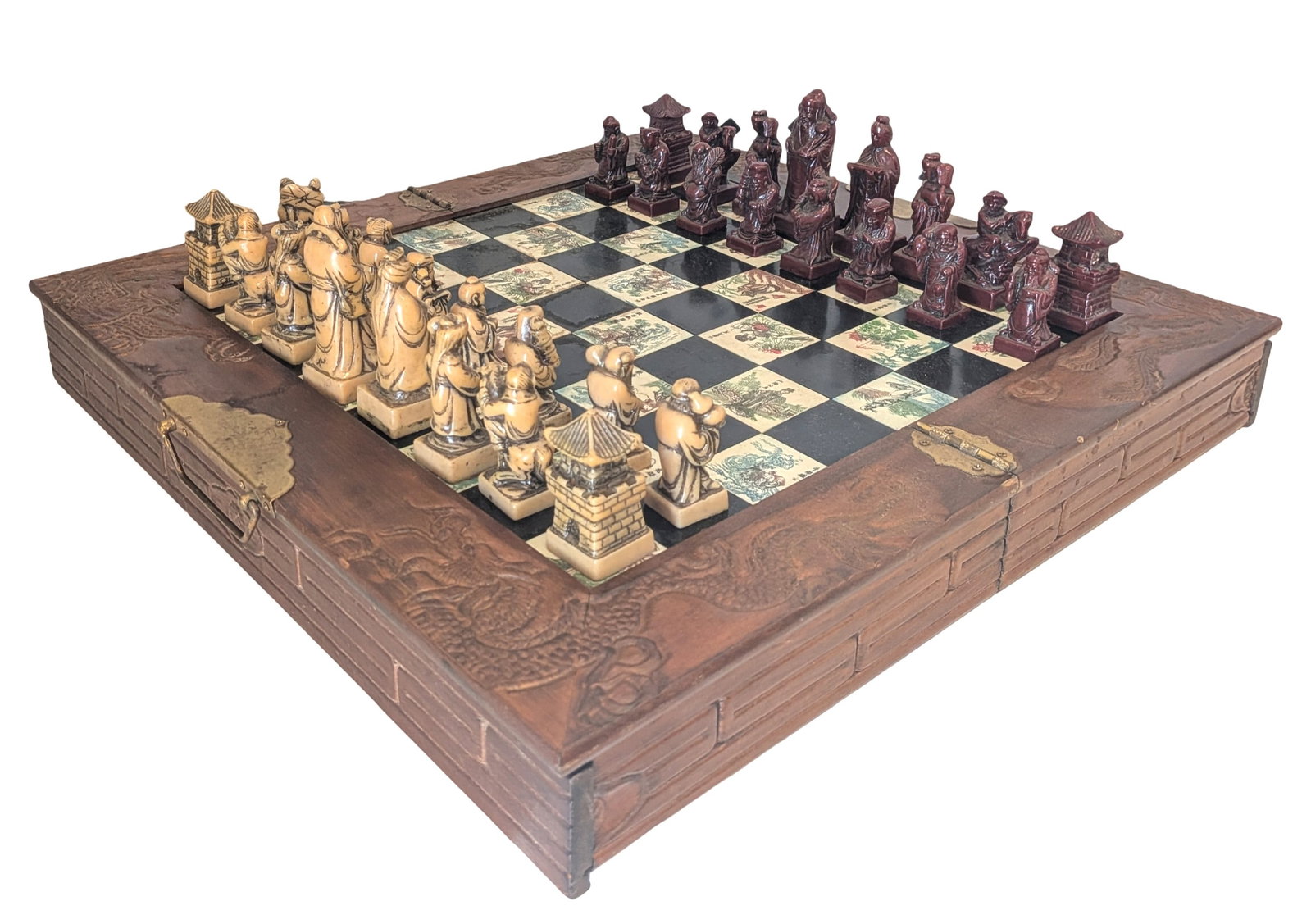 Asian - Themed Folding Wooden Chess Set with Hand - Carved Style Figurines and Storage Case (1 of 5)