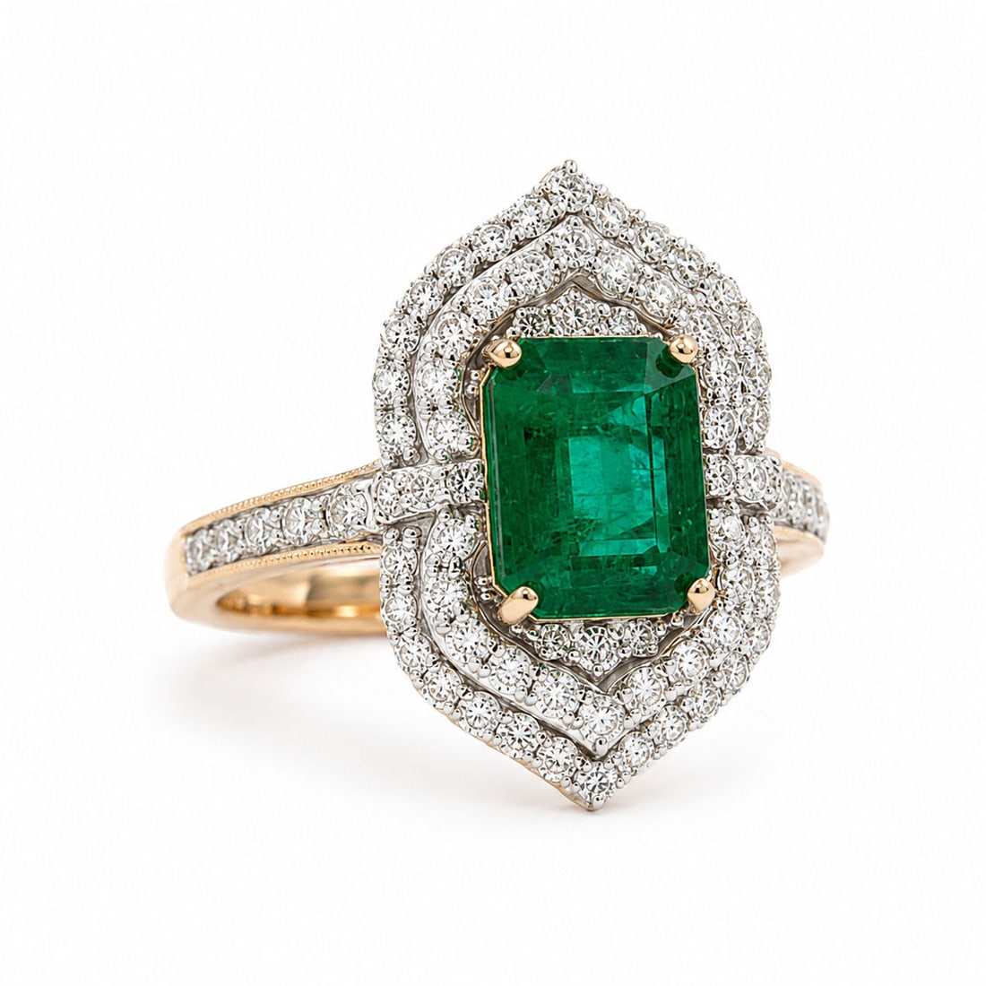 Oscar Friedman Platinum & 18K Gold Natural Emerald and Diamond Ring, GIA Certified: Designer: Oscar Friedman Size: 6 1/2 Metal: Platinum ( PT900 ) and 18K Yellow Gold, Two Tone Total Ring Gross Weight: 8.1 grams Center Stone: Natural Emerald Shape: Emerald Cut ( Octagonal Step Cut ) 