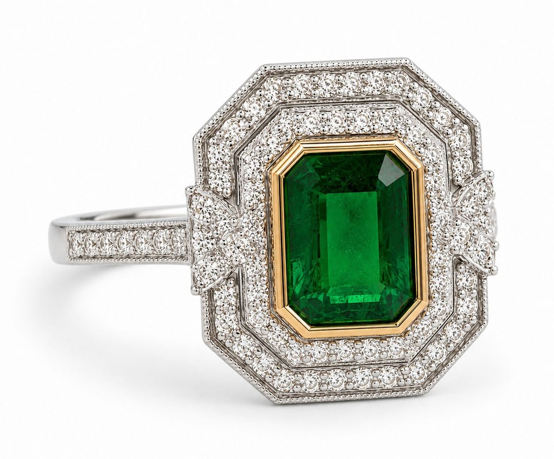Otto Gottlieb Platinum & 18K Gold Natural Emerald and Diamond Ring, GIA Certified: Designer: Otto Gottlieb Size:6 3/4 Metal: Platinum ( PT900 ) and 18K Yellow Gold, Two Tone Total Ring Gross Weight: 8.26 Grams Center Stone: Natural Emerald Shape: Emerald Cut ( Octagonal Step Cut ) E